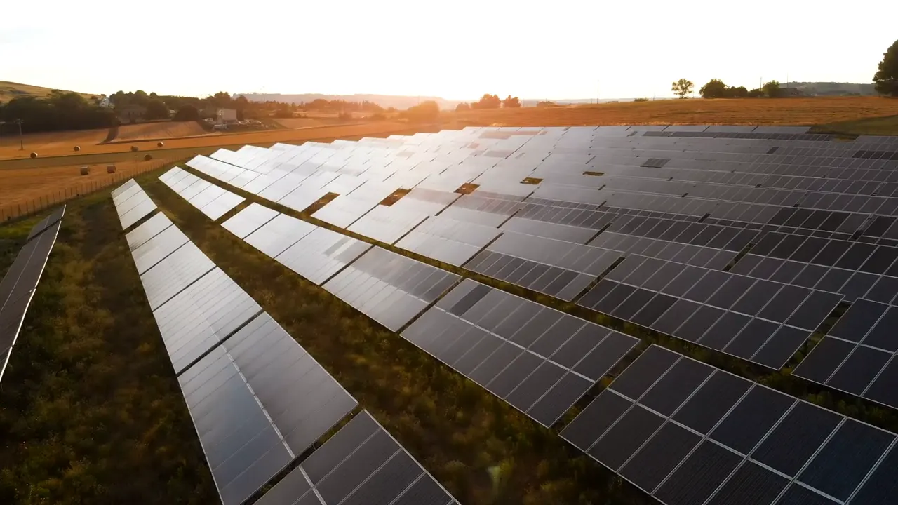 Aerial view of rows of solar panels in a field at sunset